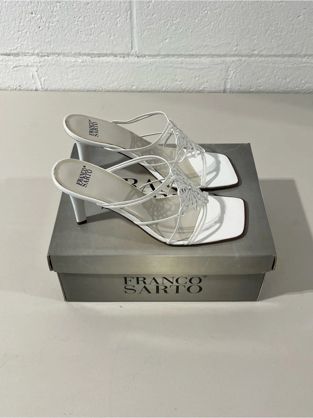 Franco Sarto White Strappy Square-Toe Stiletto Mules